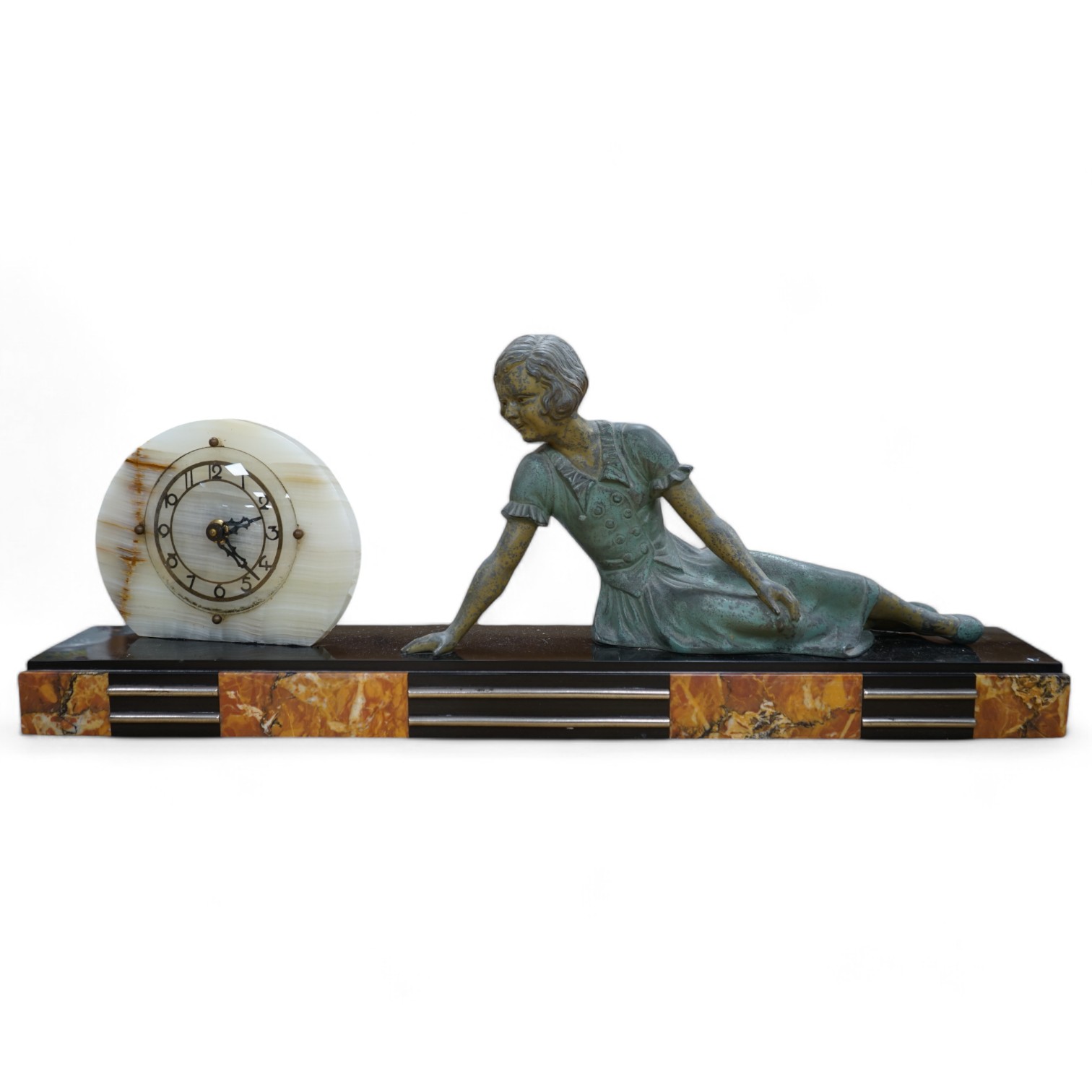 An Art Deco marble and chrome mantel clock, with painted spelter reclining figure, 66.5cm. Condition - paint worn on figure